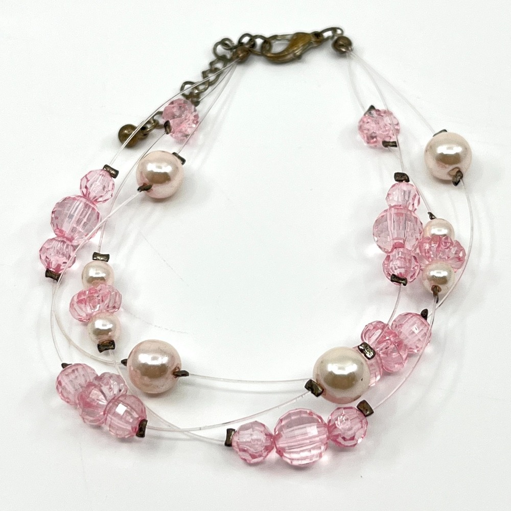 VTG Retro Y2K Pink Faceted Crystal & Faux Pearl‎ Illusion Multi-Strand Bracelet